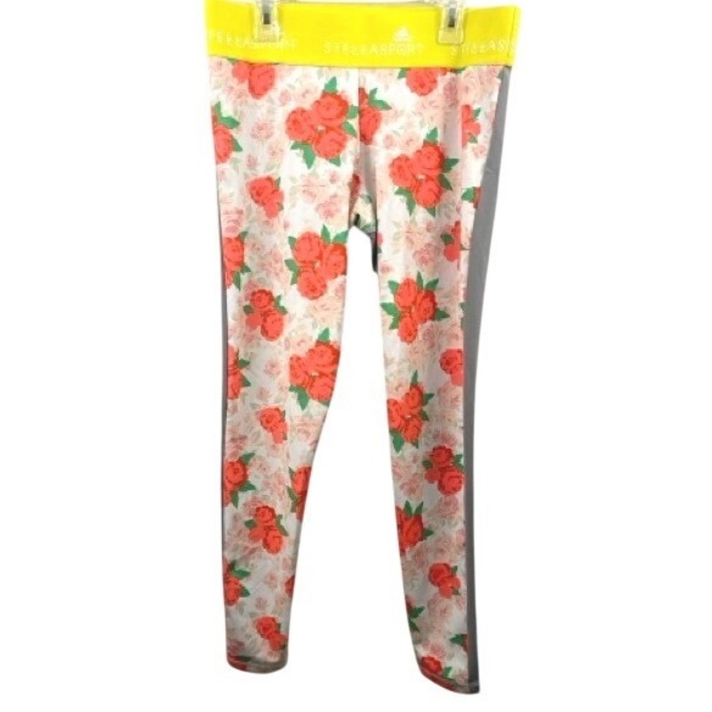 Adidas StellaSport Floral Leggings Women Small Full Length Grey Red Rose
